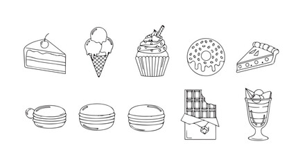 Hand drawn delicious desserts collection sweet treats food icons set artistic sketchy style vector