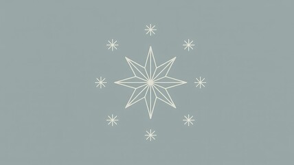 A minimalist geometric design featuring a large eight-pointed star surrounded by eight smaller stars on a soft blue-grey background.