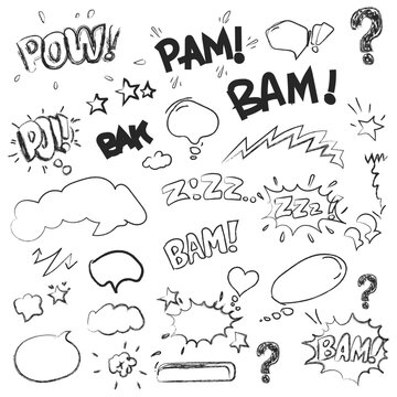 Hand drawn comic book sound effects and speech bubbles in black and white sketch style