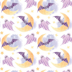 Halloween watercolor seamless pattern with cute flying bats, ghosts, crescent moons, stars and clouds. Spooky festive background for holiday decoration, wrapping paper, party invitations and textile.