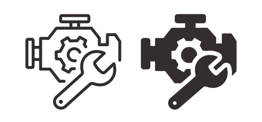 Engine and wrench outline and filled icons. Symbol of car diagnostics and repair service. Editable stroke for line versions. Isolated vector illustrations.