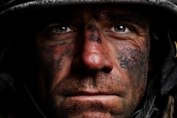 Tired but Proud Firefighter Portrait with Helmet and Soot