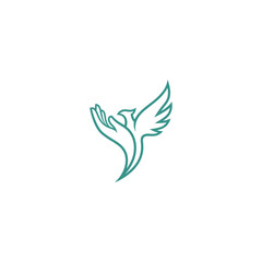 A teal bird-hand hybrid logo, minimalist and stylized, soaring upwards on a white background