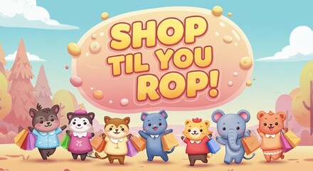 Cartoon Animals Shopping with Bags, Whimsical Style Pastel Colors