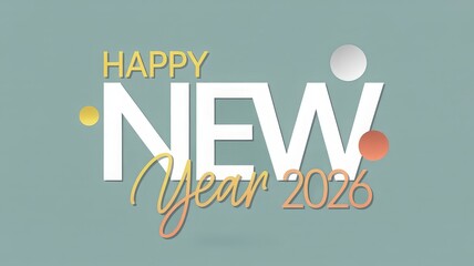 A modern graphic design wishing 'Happy New Year 2026' with abstract circles on a light blue-green background.