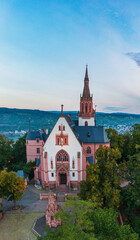 Aerial view of the Rochus Chapel near Bingen early in the morning at sunrise