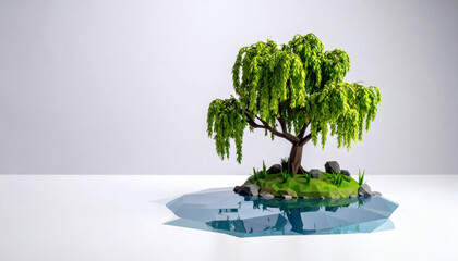 Low-poly willow by a faceted polygon pond on a white background showcasing geometric nature design, modern 3D tree and water illustration, and minimalist digital art style