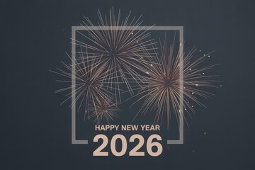 Happy New Year 2026 celebration with golden fireworks exploding in a dark night sky, framed by a subtle square border.