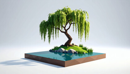 Low-poly willow by a faceted polygon pond on a white background showcasing geometric nature design, modern 3D tree and water illustration, and minimalist digital art style