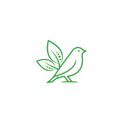 Green line art of a bird with leaves on a white backdrop. A minimalist logo design