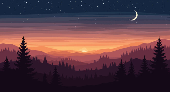 A serene landscape painting depicting a sunset over a range of mountains with pine trees.