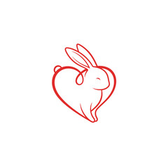 Red line art of a rabbit within a heart shape on white. Simple, minimalist