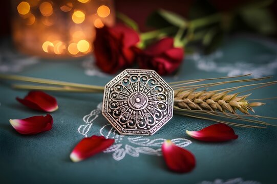 Ornate silver octagonal pendant surrounded by rose petals and wheat stalks