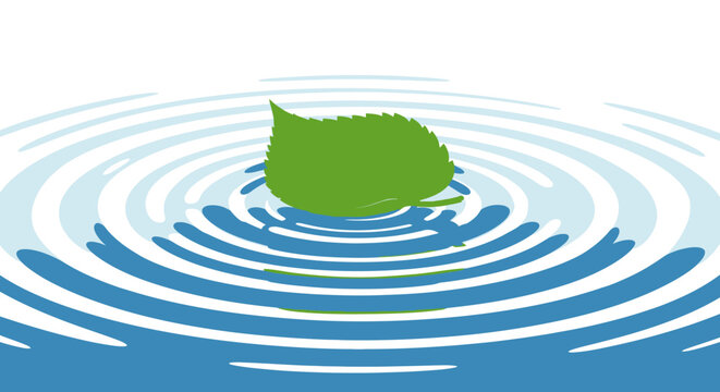 A vibrant illustration of a green leaf floating serenely on a water surface, creating concentric ripples.