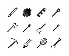 Vector Icons Collection – Set of Everyday Tools and Objects Outline for Kitchen, Utility, Hobby, and Creative Design