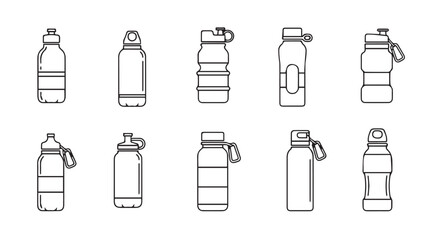 Set of 10 different hand drawn outline sports water bottle icons for fitness and hydration vector