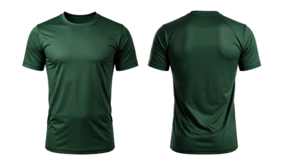 A blank dark green t-shirt mockup showing the front and back for athletic apparel.