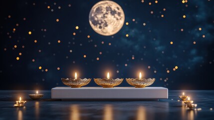 Fototapeta premium Banner design for diwali festival and podium,Diwali light decoration candle with fireworks,Stage,Product display Showcase design sparkle background,Deepavali,Dipavali,3D podium illustration.