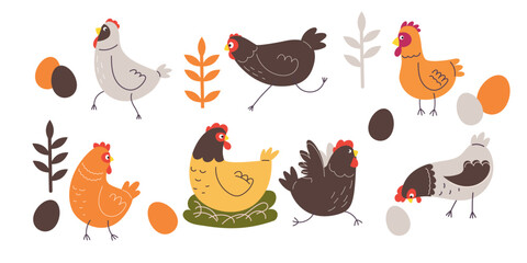 Cute cartoon hens in modern simple flat style set. Farm birds animals collection. Vector illustrations isolated on white background.,