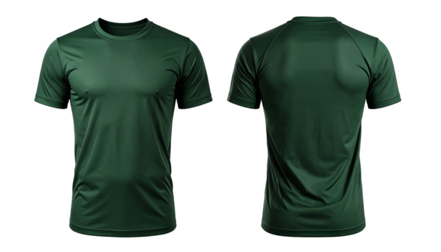 A blank dark green t-shirt mockup showing the front and back for athletic apparel.