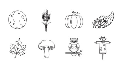 Hand-drawn autumn harvest icons featuring pumpkin owl scarecrow wheat maple moon mushroom cornucopia vector