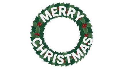 A festive green Christmas wreath adorned with red berries and the words "MERRY CHRISTMAS" in white letters on a white background.
