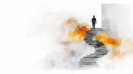 A silhouette of a person ascends a swirling staircase amidst fiery colors, symbolizing a journey or transformation through challenges.