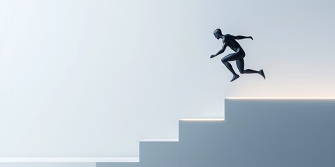 A silhouetted figure leaps upward on illuminated steps, embodying motion and aspiration against a minimalistic background.