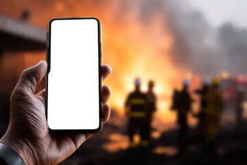 Hand Holding Phone with Blank Screen Against Explosion