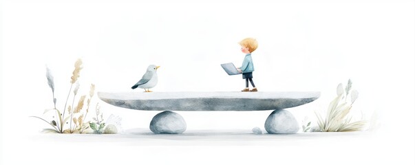 A young boy stands on a stone platform, holding a tablet, while a bird observes him amidst soft plants in a calm, whimsical scene.