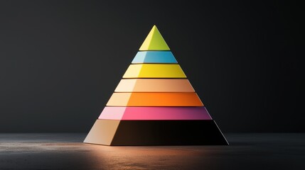 A colorful pyramid structure with layered segments, set against a dark background, creating a striking visual contrast.