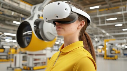 A woman wearing a VR headset stands in a modern industrial setting, showcasing the intersection of technology and innovation.