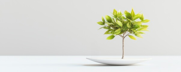 A small, vibrant green tree is displayed on a white plate against a minimalistic background, emphasizing simplicity and nature.