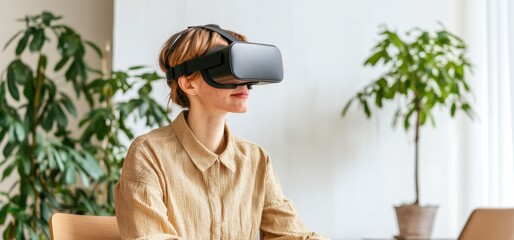 A woman wearing a virtual reality headset sits at a desk, immersed in a digital experience, surrounded by greenery.