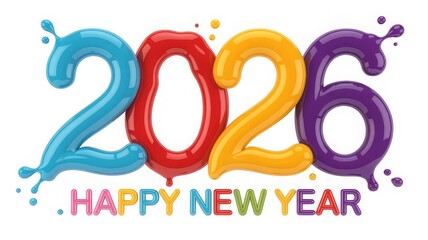 A colorful, playful 3D rendering of "2026" with liquid splatters, accompanied by "HAPPY NEW YEAR" text, on a white background.