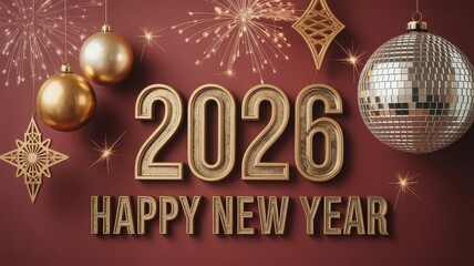 Golden 3D text '2026 HAPPY NEW YEAR' with festive ornaments, fireworks, and sparkles on a reddish-brown background.