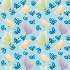 Watercolor Pastel Butterfly Seamless Pattern. Soft Spring Nursery Textile Background. Whimsical Baby Shower and Kids Digital Paper Design.