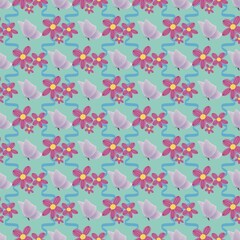 Whimsical Spring Floral Seamless Pattern. Cute Pastel Mint and Purple Butterfly Flower Digital Paper for Baby, Kids, and Fabric Design.