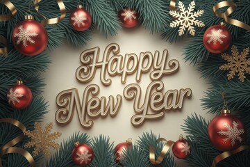 A festive "Happy New Year" greeting card with golden text, surrounded by evergreen branches, red baubles, gold ribbons, and snowflakes.