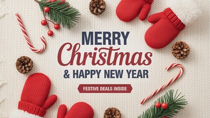 A festive Christmas and New Year greeting card with red mittens, candy canes, pine cones, and fir branches arranged around the central text.
