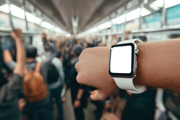 Smartwatch Mockup on Wrist in Crowded Subway Train