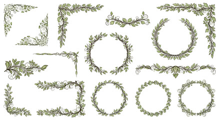 Collection of decorative floral frames and borders with leaves and swirls.