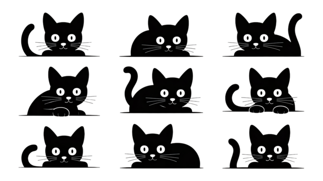 Playful black cats peering, curious feline peeking silhouettes design