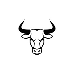 A symmetrical black and white illustration of a bull's head, facing forward