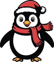 Cute cartoon penguin and snowman celebrating Christmas in winter scene