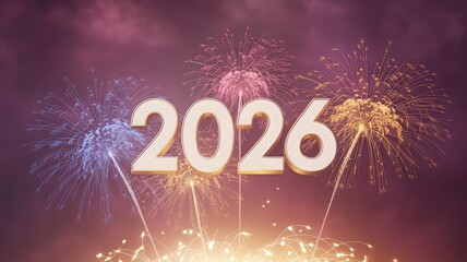 Golden 2026 text with vibrant fireworks exploding in a dark night sky, celebrating a new year or special event.