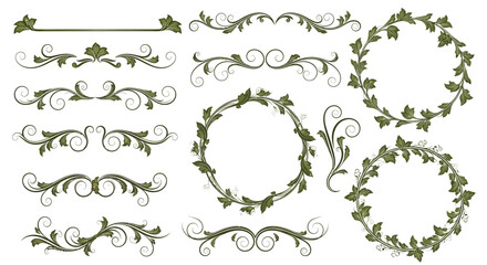 Collection of decorative floral elements including borders, dividers, and circular frames with leaves and swirls.