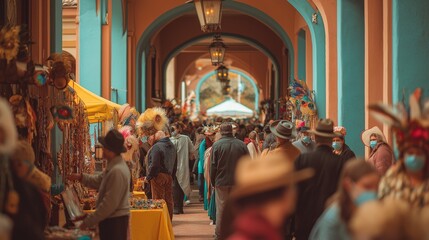 Obraz premium Colorful Covered Marketplace with Crowds and Crafts
