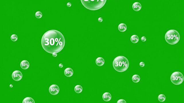 Dynamic sale bubbles with percentage discounts float across a vibrant green background, signaling exciting price reductions and shopping opportunities.