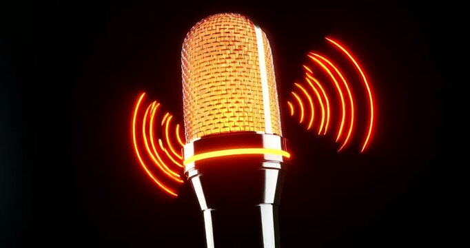 Bright microphone with sound waves on a dark background, symbolizing audio